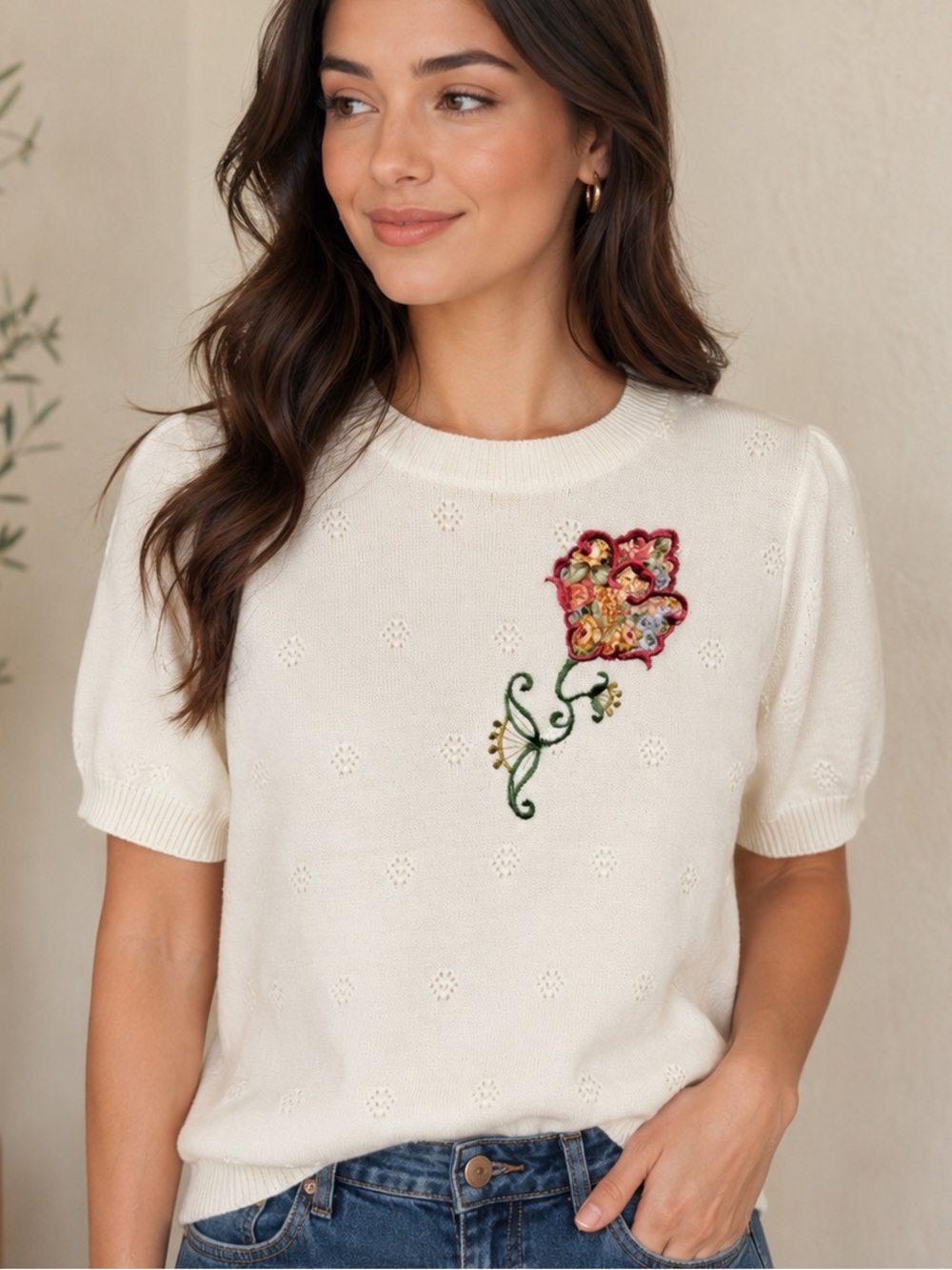 VINTAGE Women’s Cream Short-Sleeve Knit Top with Floral Embroidery M